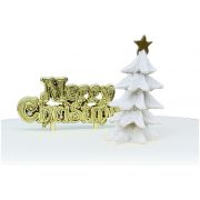 WHITE CHRISTMAS TREE RESIN TOPPER & GOLD MERRY CHRISTMAS MOTTO