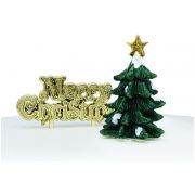 GREEN TREE RESIN CAKE TOPPER & GOLD MERRY CHRISTMAS MOTTO