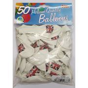 50PK 12in WHITE PRINTED RED & BLUE UNION JACK BALLOONS