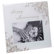6x4in HAPPY ANNIVERSARY WHITE GLASS GOLD FLORAL FRAME