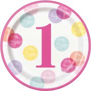 8PK 9in PINK DOTS 1ST BIRTHDAY PLATES