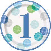 (8) 9in BLUE DOTS 1ST BIRTHDAY PLATES