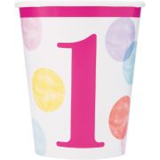 (8) 9oz PINK DOTS 1ST B/DAY CUPS